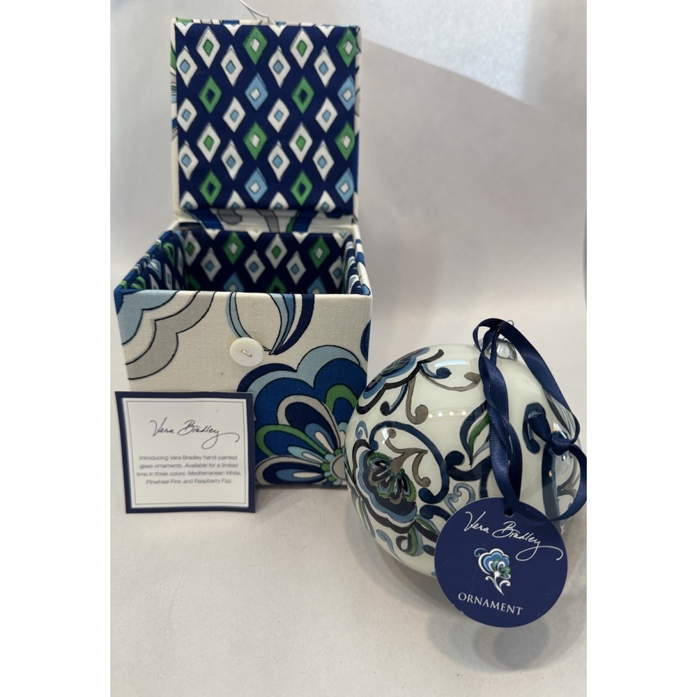Vera Bradley Hand Painted Glass Ornament Mediterranean White Fabric Box